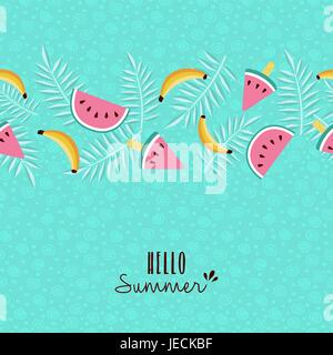 Happy summer greeting card design with tropical seamless pattern and typography quote. Includes banana, watermelon, palm leaf. EPS10 vector. Stock Vector