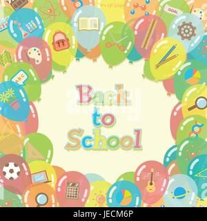 Back to school background surrounded by colorful transparent balloons with course and school item icons in flat style Stock Vector