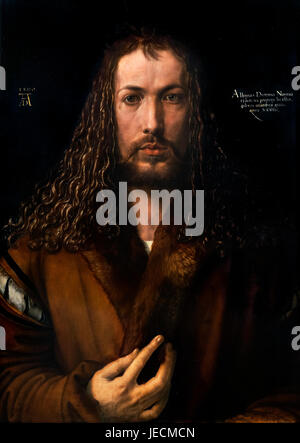 Albrecht Dürer (1471-1528), Self Portrait in a Fur Collar, oil on wood, 1500 Stock Photo