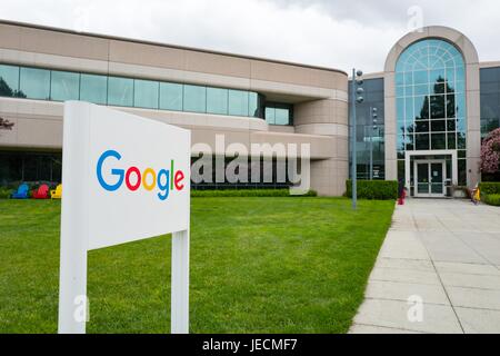 Logo with signage in front of Building 44, which houses employees working on the Android mobile phone operating system, at the Googleplex, headquarters of Google Inc in the Silicon Valley town of Mountain View, California, April 7, 2017. Stock Photo