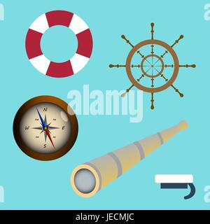 Sea icon set spyglass, compass, sailors cap, lifebuoy, wheel. vector illustration Stock Vector
