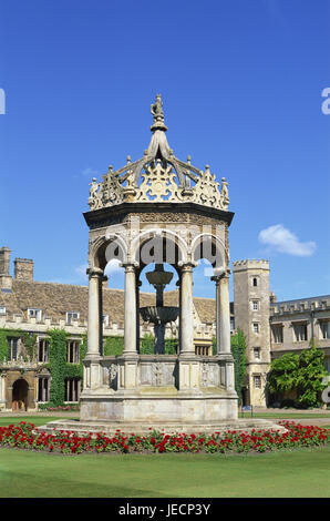 Great Britain, England, Cambridgeshire, Cambridge, Trinity college, Great court, well, Europe, town, destination, place of interest, building, structure, architecture, architecture, university, university building, facade, inner courtyard, main square, pavilion, turf, flowers, deserted,