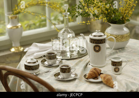 Coffee table, covered, porcelain, elegantly, broom, table, around, tablet, coffee service, dishes, china, cups, two, silver tablet, decanter, glasses, water, coffee drinking, croissants, sugar bowl, lacteal pot, teaspoon, table caps, porcelain vases, floral decoration, Genista, nobody, Stock Photo