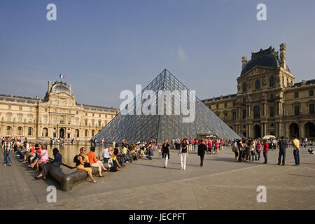 France, Paris, Musee you Louvre, glass pyramid, fountain, tourist, capital, museum, Louvre museum, pyramid, glass, steel, palace, structure, architecture, art museum, place of interest, destination, tourism, person, Stock Photo