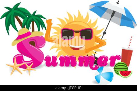 Summer vector banner design concept with summer cartoon calligraphy with summer elements. Stock Vector