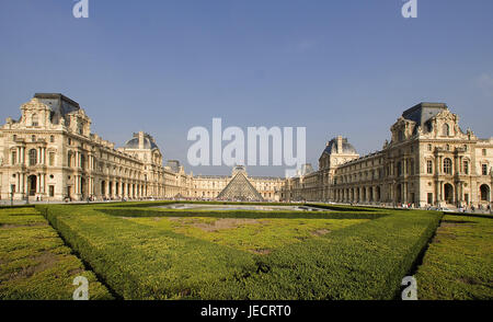 France, Paris, Musee you Louvre, glass pyramid, fountain, tourist, park, capital, museum, Louvre museum, pyramid, glass, steel, palace, structure, architecture, art museum, place of interest, destination, tourism, person, Stock Photo