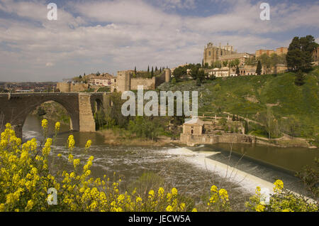Spain, region of Kastilien-La Mancha, Toledo, view at San Juan de off Reyes and Puente San Martin, Stock Photo