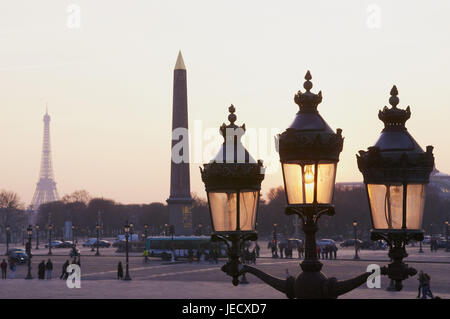 France, Paris, Concorde square, street lamp and Eiffel Tower in the background, Stock Photo