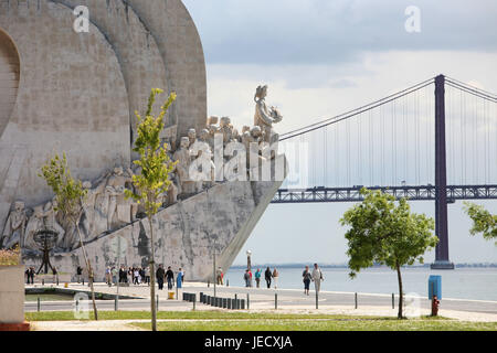 Portugal, Lisbon, Belem, Padrao dos Descobrimentos, monument, monument, Rio Tejo, bridge, Ponte 25 de Abril, suspension bridge, Stock Photo