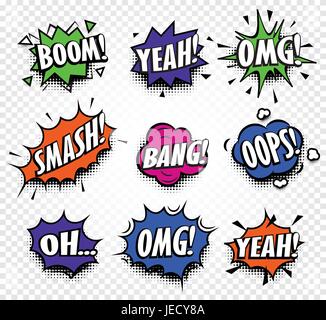 Isolated abstract colorful comics speech balloons icons collection on checkered background, dialogue boxes with popular expressions set,pop art dialog Stock Vector