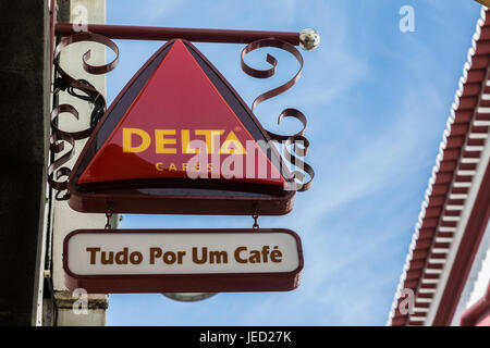 Ponta Delgada, Portugal - May 15, 2017: The signboard of a café in Ponta Delgada. Ponta Delgada on the island of Sao Miguel is capital of the Azores Stock Photo