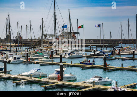 Ponta Delgada, Portugal - May 15, 2017: The harbour in Ponta Delgada. Ponta Delgada on the island of Sao Miguel is the capital of the Azores Stock Photo