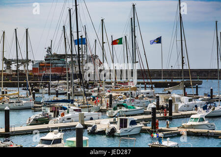 Ponta Delgada, Portugal - May 15, 2017: The harbour in Ponta Delgada. Ponta Delgada on the island of Sao Miguel is the capital of the Azores Stock Photo