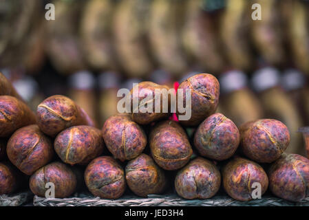 Spanish chorizo sausage on meat stall in Mercado Central, Valencia, Spain. Stock Photo