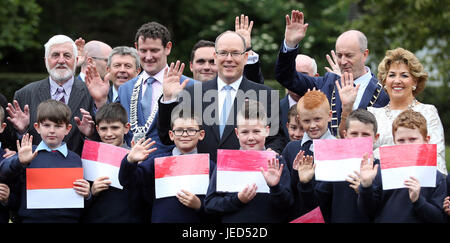 His Serene Highness Albert II, Prince of Monaco poses for photos with local school children as he inaugurates The Princess Grace Rose Garden in St. Dominick&acirc;€™s Park, during a visit to Drogheda, County Louth. Stock Photo