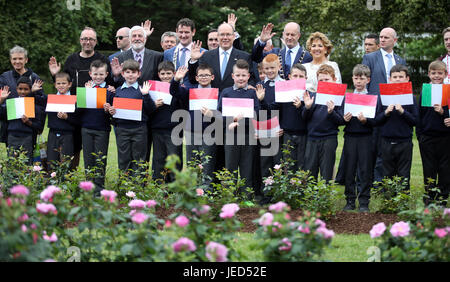 His Serene Highness Albert II, Prince of Monaco poses for a picture with local school children as he inaugurates The Princess Grace Rose Garden in St. Dominick&acirc;€™s Park, during a visit to Drogheda, County Louth. Stock Photo