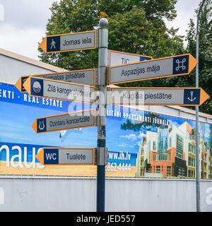 JURMALA, LATVIA - SEPTEMBER 13, 2009: waymarks on street of Jurmala town, seaside resort on Baltic sea coast. Jurmala is seaside resort town stretchin Stock Photo