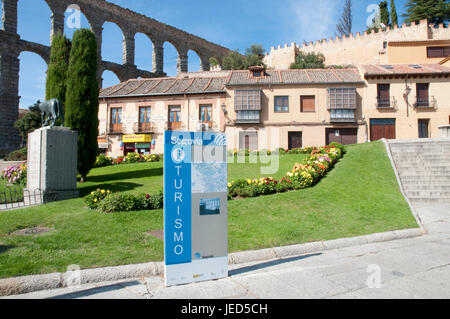 Tourist information and Roman aqueduct. Segovia, Spain. Stock Photo