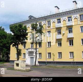 Old Soviet house after the facade modernization, beautiful entrance to the house Stock Photo