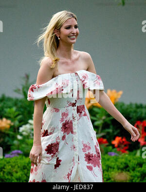Washington, Us. 22nd June, 2017. Assistant to the President Ivanka Trump walks through the Rose Garden at the annual Congressional Picnic on the South Lawn of the White House in Washington, DC on Thursday, June 22, 2017. Credit: dpa picture alliance/Alamy Live News Stock Photo