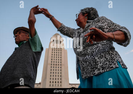 Los Angeles, USA. 23rd June, 2017. People dance at the Grand Park in downtown Los Angeles during the Summer Dance DTLA in Los Angeles, the United States, on June 23, 2017. Credit: Zhao Hanrong/Xinhua/Alamy Live News Stock Photo