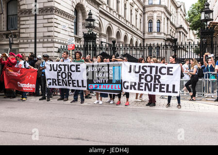 London, UK, 24th June 2017. Demonstration in front of Downing Street of the group Justice for Grenfell Credit: onebluelight.com/Alamy Live News Stock Photo