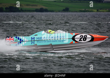 P1 Superstock Powerboat Racing from the Esplanade, Greenock, Scotland, 24 June 2017. Boat 28 Milford Waterfront driven by Andrew Foster and navigated by Charles Morris Stock Photo