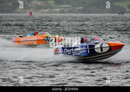 P1 Superstock Powerboat Racing from the Esplanade, Greenock, Scotland, 24 June 2017.  Boat 01 Pertemps Network pursued by 926 Kissimmee. Stock Photo
