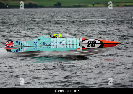 P1 Superstock Powerboat Racing from the Esplanade, Greenock, Scotland, 24 June 2017.  Boat 28 Milford Waterfront driven by Andrew Foster and navigated by Charles Morris Stock Photo