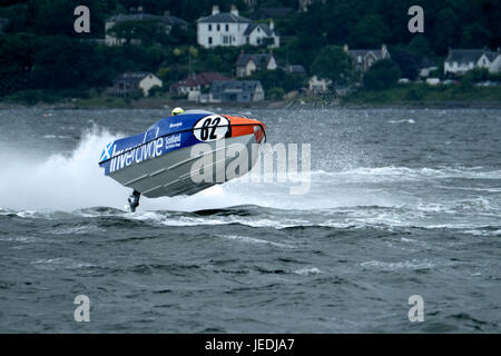 Greenock, Inverclyde, Glasgow, UK. 24th June, 2017. P1 Scottish Grand Prix of the Sea, 82 - David and Ashley Finlayson flying the flag for Inverclyde and Scotland High-speed powerboat and jet ski racing returns to the River Clyde this weekend in the latest round of the P1 SuperStock and AquaX UK championships. Credit: Rob Gray/Alamy Live News Stock Photo
