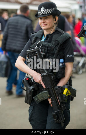 Armed female police officer on patrol at the Royal Highland Show, Ingliston, Edinburgh.