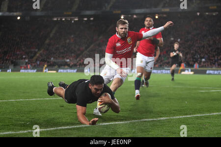 New Zealand's Codie Taylor scores his side's first try during the first test of the 2017 British and Irish Lions tour at Eden Park, Auckland. Stock Photo