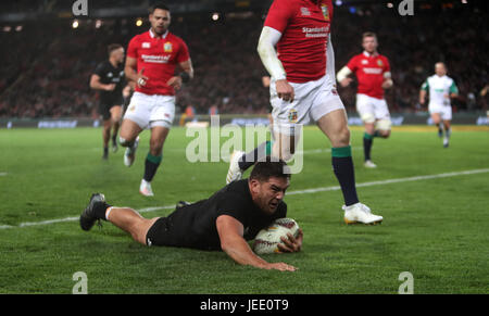 New Zealand's Codie Taylor scores his side's first try during the first test of the 2017 British and Irish Lions tour at Eden Park, Auckland. Stock Photo