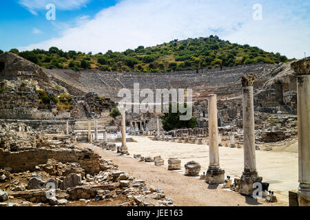 Ancient Roman Archaeological site with The Theatre in Ephesus, Anatolia a popular tourist attraction. Stock Photo