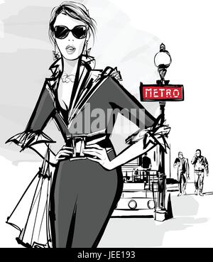 Stylish beautiful woman with shopping bags. Sketch. Hand drawn girl in fashion  clothes. Fashion illustration. Stock Vector by ©Marisa_ 172865928