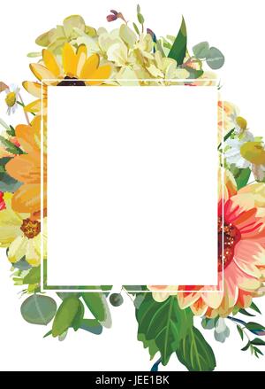 Vector design vertical card Rectangular copy space. Yellow sunflower hydrangea cosmos flowers, dahlia daisy, eucalyptus green leaves floral frame. Ele Stock Vector