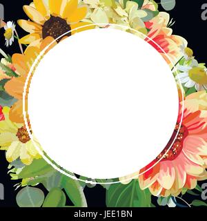 Vector design square card with round blank copy space. Yellow sunflower, cosmos flower, hydrangea flowers, dahlia eucalyptus, branch, leaves. Delicate Stock Vector