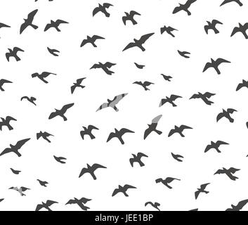 A flock of flying birds gray silhouette. Dove, seagull sketch set, abstract bird Vector beautiful Seamless pattern, wrapping paper cute design, fabric Stock Vector