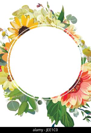 Vector design vertical round card floral frame text space. Yellow sunflower hydrangea flowers, dahlia chamomile daisy eucalyptus, green branches leave Stock Vector