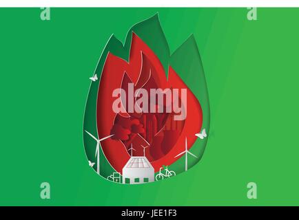 Green city opposites with eco fire concept elements. Vector illustration,paper art Stock Vector