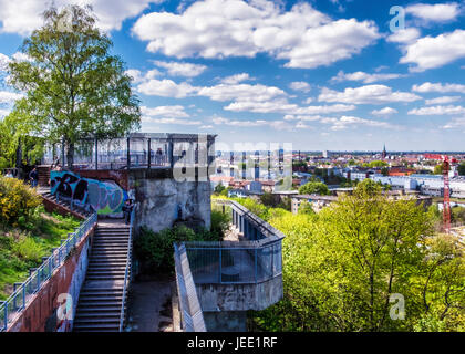 Berlin, Mitte Volkspark Humboldthain - Old WW2 Anti-Aircraft flak tower and bunker with viewing platform. Landscape view of city. Stock Photo