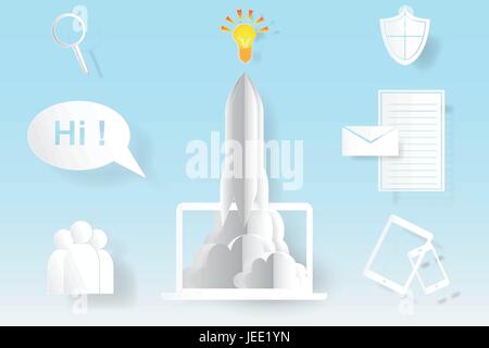 Computer startup rocket idea concept vector Stock Vector