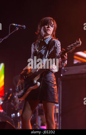 Thornhill, Scotland, UK - August 27, 2016: Simone Butler, bass guitarist with Scottish band, Primal Scream at Electric Fields Stock Photo