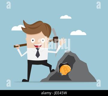 businessman mining for bitcoin, Cryptocurrency concept cartoon vector illustration Stock Vector