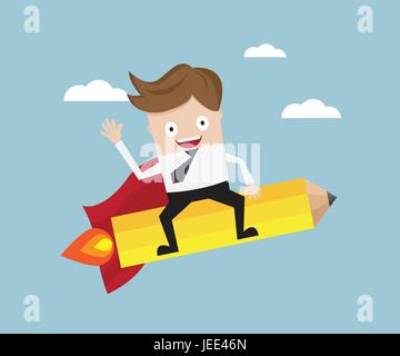 businessman riding pencil rocket go to target cartoon vector illustration Stock Vector