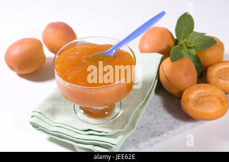 Apricot jam, apricots, jam, fruits, jam, apricot jam, mint, bowl, jam jar, glass, spoon, breakfast jam, fruit, berries, berries, glass peel, Stock Photo