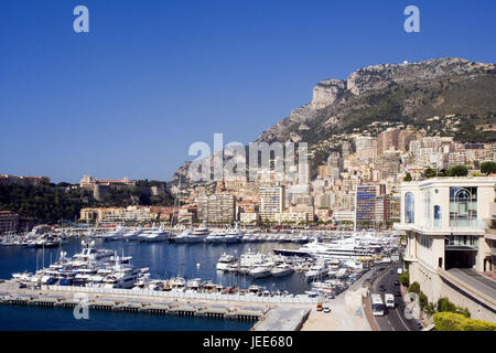 Monaco, Monte Carlo, town view, harbour, the Mediterranean Sea, principality, Riviera, Mediterranean coast, houses, residential houses, harbour basins, yacht harbour, yachts, boats, ships, wealth, luxury, jet set, tax haven, destination, tourism, Stock Photo