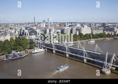 England, London, Charing cross, Hungerford Bridge, the Thames, view of London Eye, town view, town, architecture, structure, building, ship traffic, river, bridge, railway station, railroad traffic, modern, ships, Stock Photo