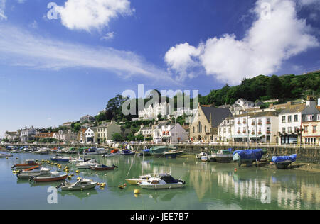 Great Britain, the Channel Islands, island Jersey, St. Aubins, harbour, boats, Europe, place, local view, houses, residential houses, harbour view, motorboats, sunny, sky, clouds, Stock Photo
