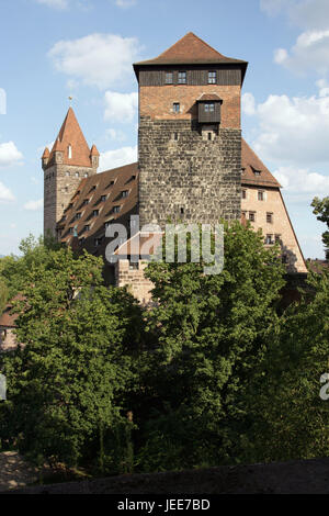 Germany, Bavaria, Nuremberg, Nuremberg castle, moor tower, outside, Franconia, imperial castle, viscount's castle, castle grounds, castle, tower, structure, architecture, historically, landmarks, place of interest, destination, tourism, trees, deserted, Stock Photo